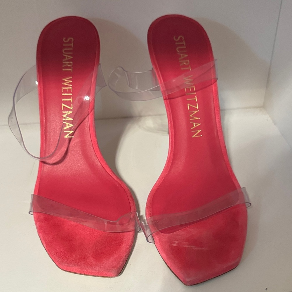 Stuart Weitzman Women's Pink Heels with Clear Straps